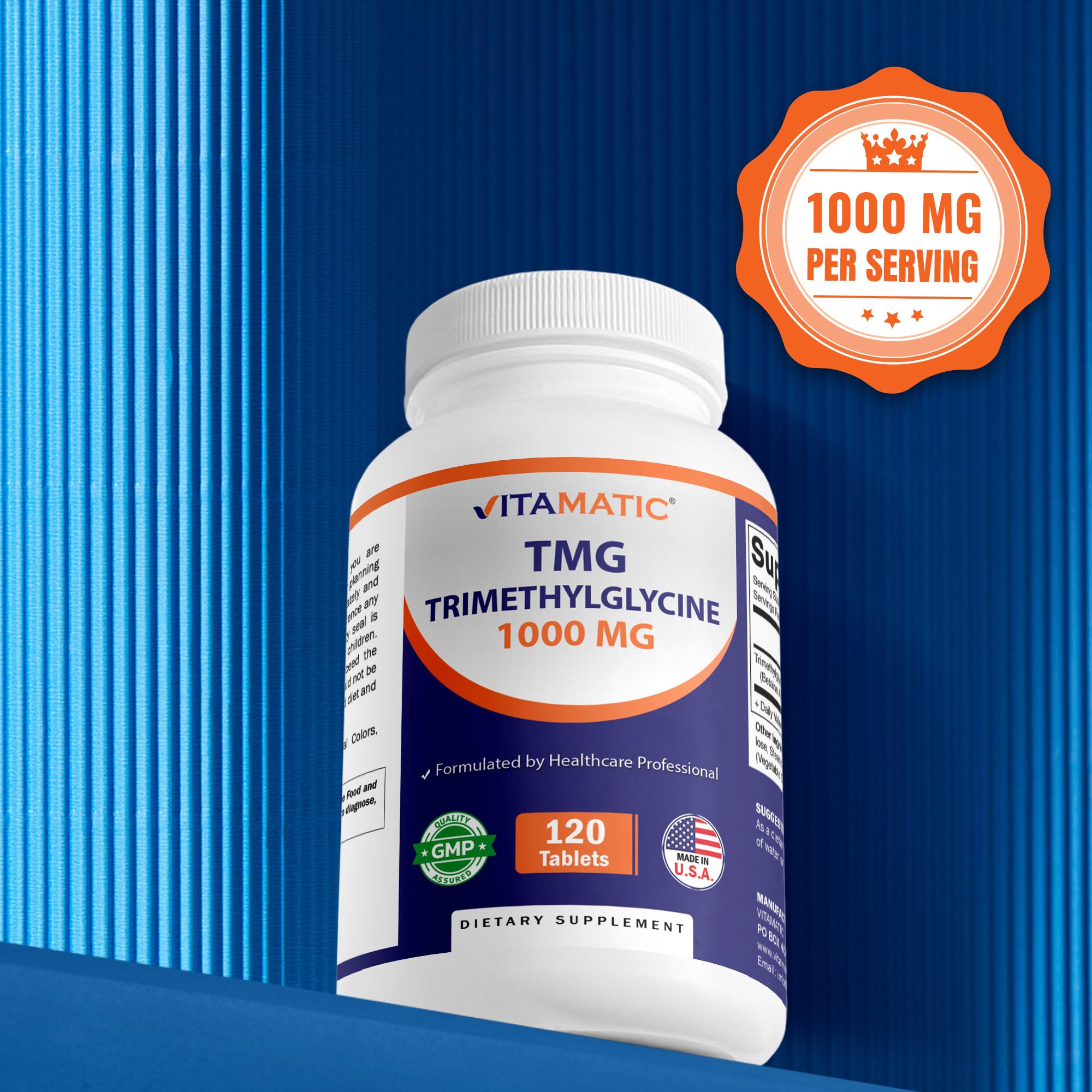 Vitamatic TMG Supplements 1000mg - Trimethylglycine - Betaine Anhydrous - 120 Tablets - 120 Servings - Non-GMO & Gluten Free (3 Bottles)