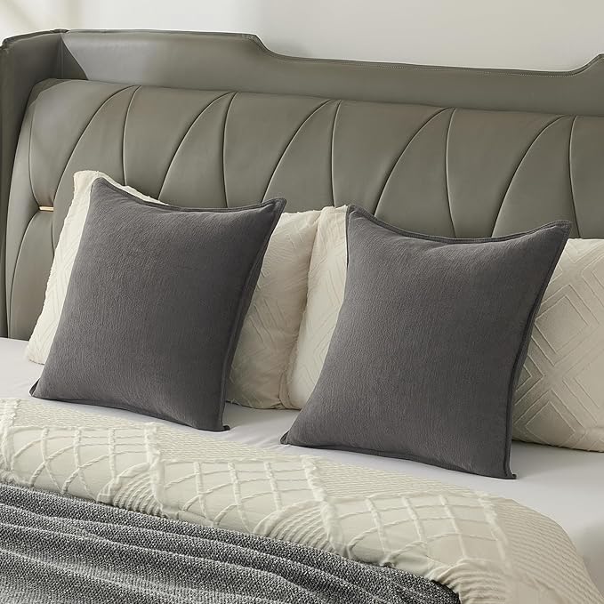 FUTEI Dark Grey Chenille Throw Pillow Covers 24x24 Inch Set of 2,Edges Double-Stitched European Cushion Cases,Modern Home Decor for Couch Living Room
