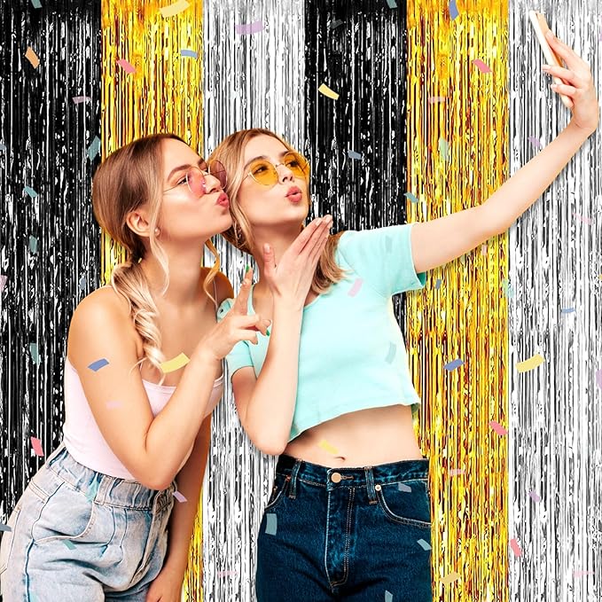 3 Pack Black Gold Silver Foil Fringe Curtain Backdrop, 3.28Ft x 6.6Ft Metallic Tinsel Foil Fringe Streamer Curtains for Photo Booth, Christmas Day, Thanksgiving, Wedding, New Year Party Decorations