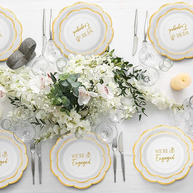 Yungyan 50 Pack Engagement Paper Plates White and Gold Engagement Party Decorations 7" 9" Gilded Edge He Asked She Said Yes We're Engaged Plates for Wedding Birthday Party Bridal Shower Supplies