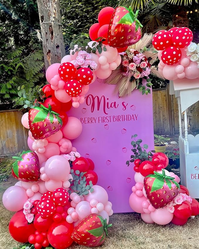 Strawberry Balloons Garland Arch Kit -Berry First Birthday Party Decorations, Number 1 Balloon and Pastel Daisy Balloons for Girls Sweet One Baby Shower Strawberry Themed Decoration