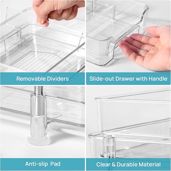 Vtopmart 4 Pack 2 Tier Bathroom Under Sink Organizers and Storage, Clear Kitchen Pantry Organization, Pull Out Medicine Cabinet Organizer with Movable Dividers