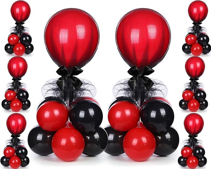BBTO 8 Set Table Centerpieces Balloons Stand Kit, 80 Pcs Latex Balloons and Table Stand Holder with Base Tulle for Wedding Birthday Baby Shower Party(Black and Pomegranate Red)