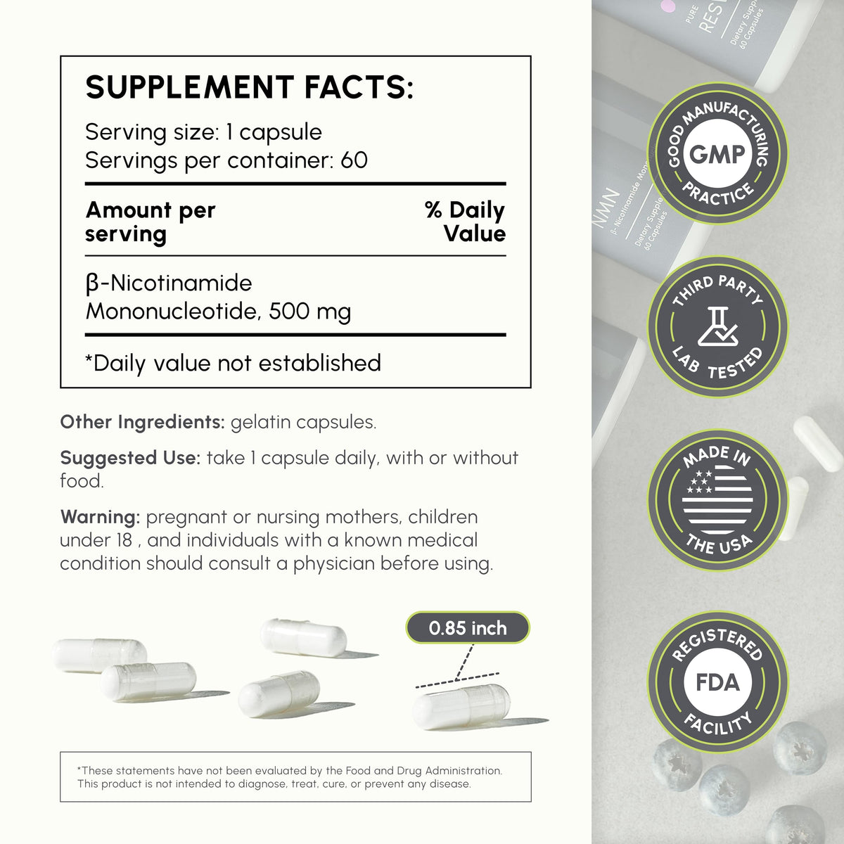 partiQlar NMN Supplement 500mg - High Purity Nicotinamide Mononucleotide - NAD+ Booster for Anti-Aging, Cellular Energy & Longevity - 60 Veggie Capsules