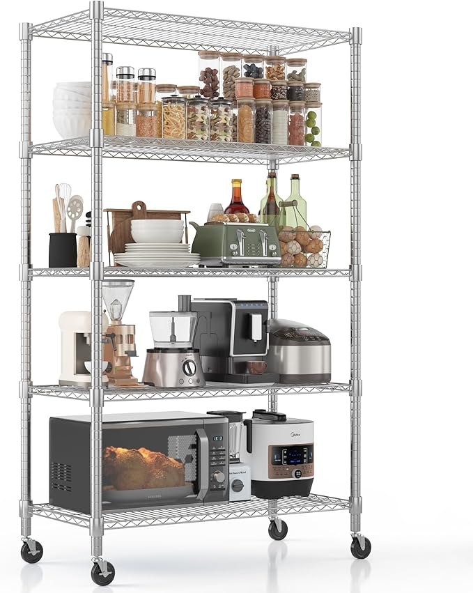 Homdox Heavy Duty Storage Shelves, 5 Tier Wire Shelving Unit with Wheels, Commercial Adjustable Metal Shelves for Storage, Garage Rack Pantry Shelves Kitchen Shelving, 18"x36"x82", Chrome