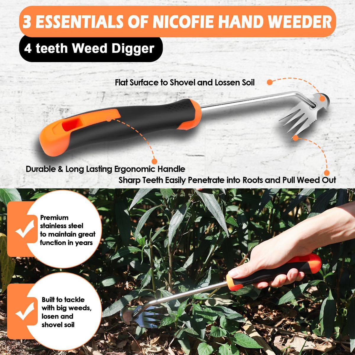 Nicofie 2025 Hand Weeder Tool, Rubber Handle Manual Weeder Puller Tool, Uprooting Weeding Tools, Crack Weeder Crevice, 4 Teeth Weeding Tool, Weeding Artifact Tool for Gardening (2 Pcs)