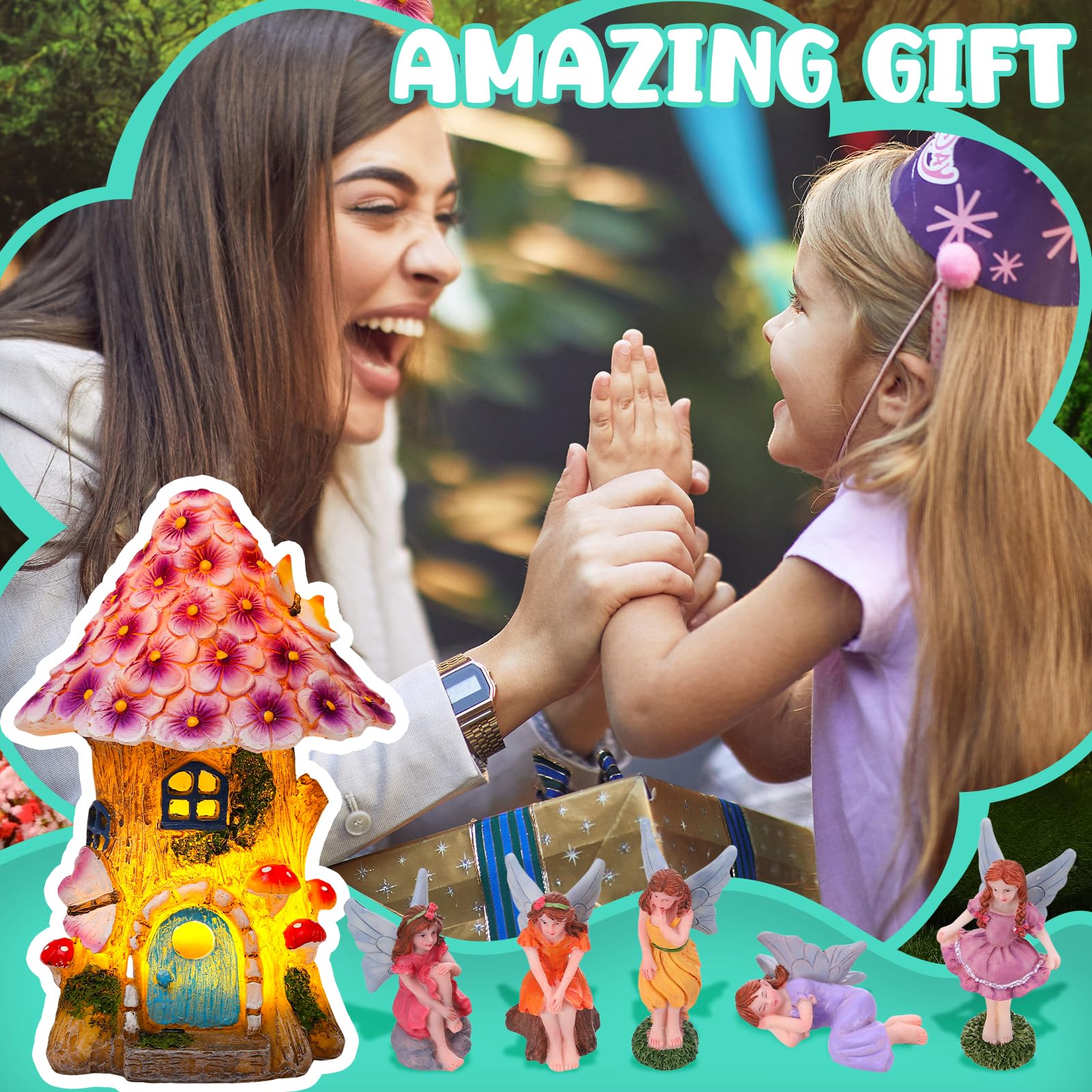 GGSTDDUP 70 Pcs Fairy Garden House Resin Kit Glowing Tree House Miniature Garden Fairy Animals Garden Accessories Decor Outdoor Mini Landscape Ornaments