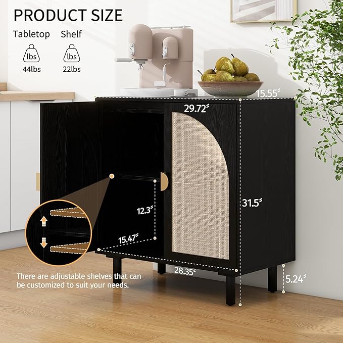Black Sideboard Cabinet with 2 Rattan Doors, Rattan Buffet Cabinet with Adjustable Shelves & Pine Legs, Boho Sideboard Buffet for Living Room, Kitchen, Entryway (Black,1 PCS)