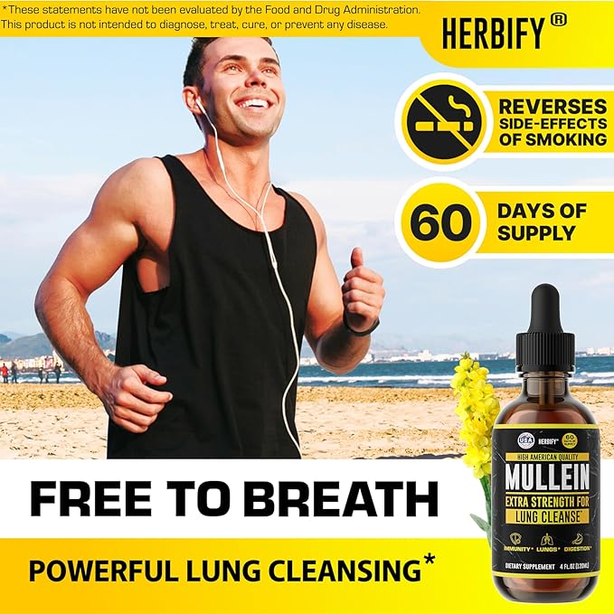 HERBIFY Mullein Drops - Lung Cleanse - Leaf Extract - Powerful Mullein for Immune Support,Detox & Respiratory Support - Made in USA - Lung Cleanse for Smokers - 4 Oz
