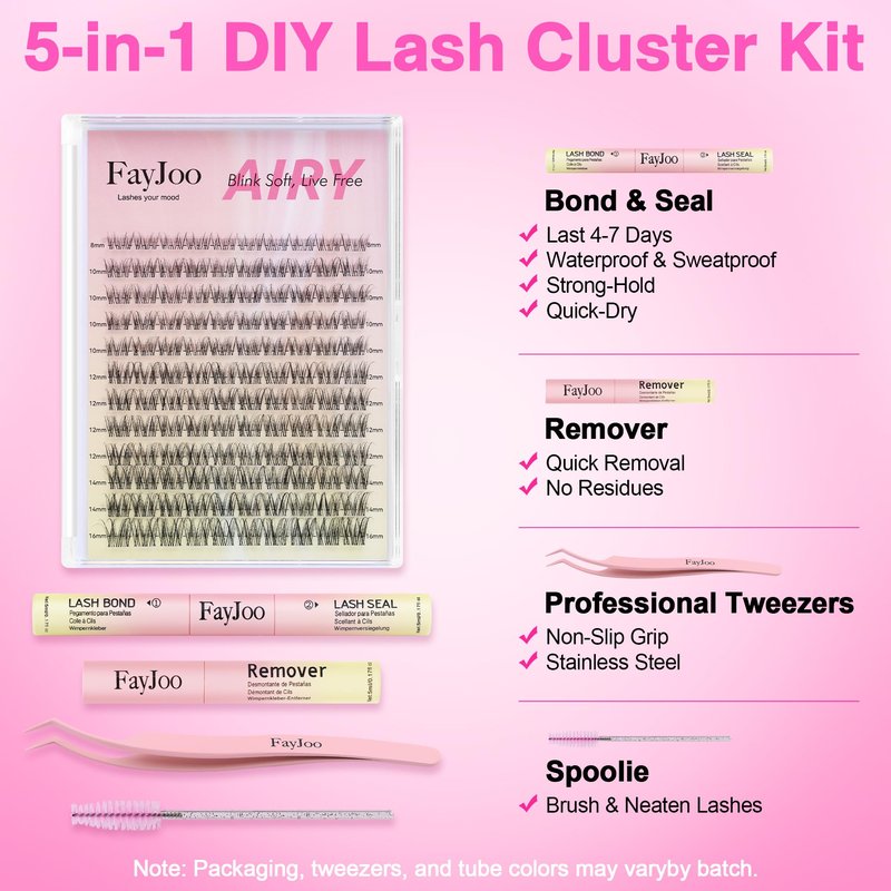 Fayjoo Wispy Natural Lash Clusters Kit DIY Eyelash Extensions with Clear Band Waterproof 8-16mm C-Curl Individual Lashes with Bond & Seal, Tweezers, Remover for Beginners (Airy)
