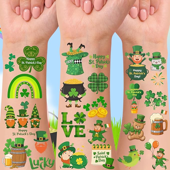 160PCS St Patricks Temporary Tattoos Stickers | St Patricks Party Favors Decorations Irish Holiday Green Clover Rainbow Shamrock Party Supplies Craft Gift Idea For Kids Boy Girl Teen Adult-8sheets