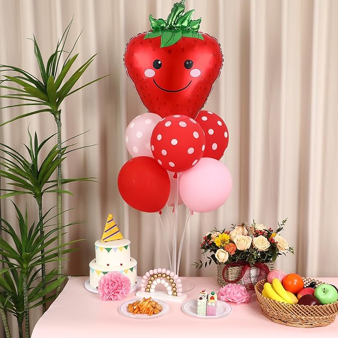 4 Sets Strawberry Party Balloons Stand Kit with Strawberry Foil Balloons Sweet 1st Party Balloon Centerpiece for Tables for Girls Birthday Baby Shower Decoration