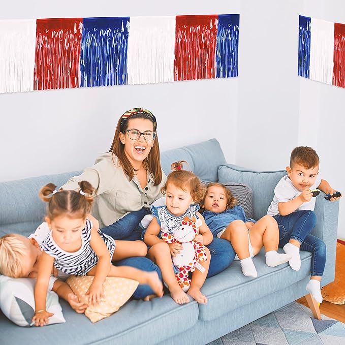 4 Packs 10 Feet Long Foil Fringe 4th of July Garland Memorial Day USA Red White Blue Independence Day Tinsel Metallic Patriotic Wall Hanging Banner for Car Parade Floats Garden Decorations