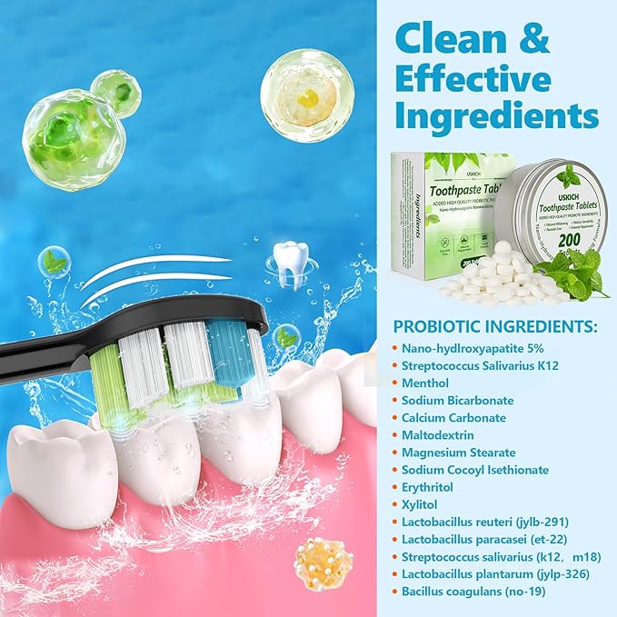 200 Pcs Toothpaste Tablets,Nano Hydroxyapatite with Probiotics, Reduce Sensitivity,Fluoride & Plastic Free, Eco Friendly & Travel Mouthwash Tablets