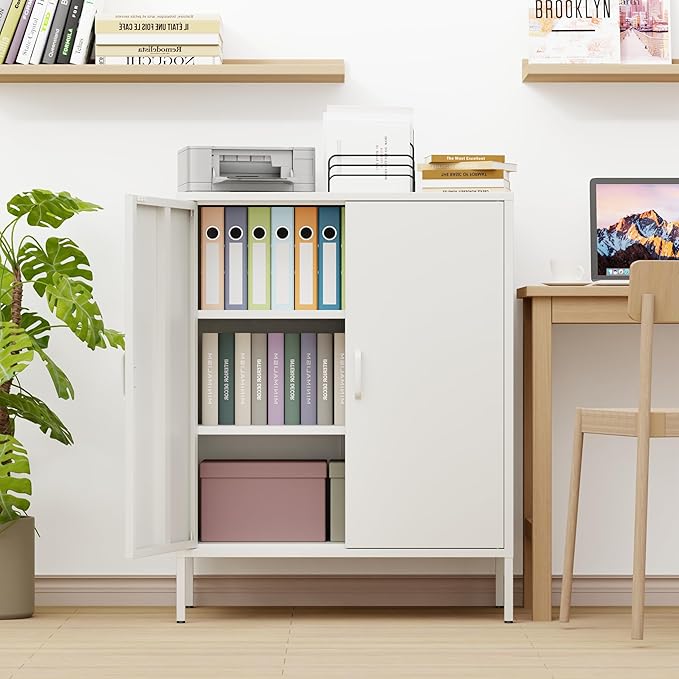 Bathroom Floor Storage Cabinet,40H Small White Cabinets for Storage with Doors,2 Door Metal Towel Freestanding Cabinet for Small Spaces,Two Door Hallway Short Cabinets,Shallow Low Cupboard