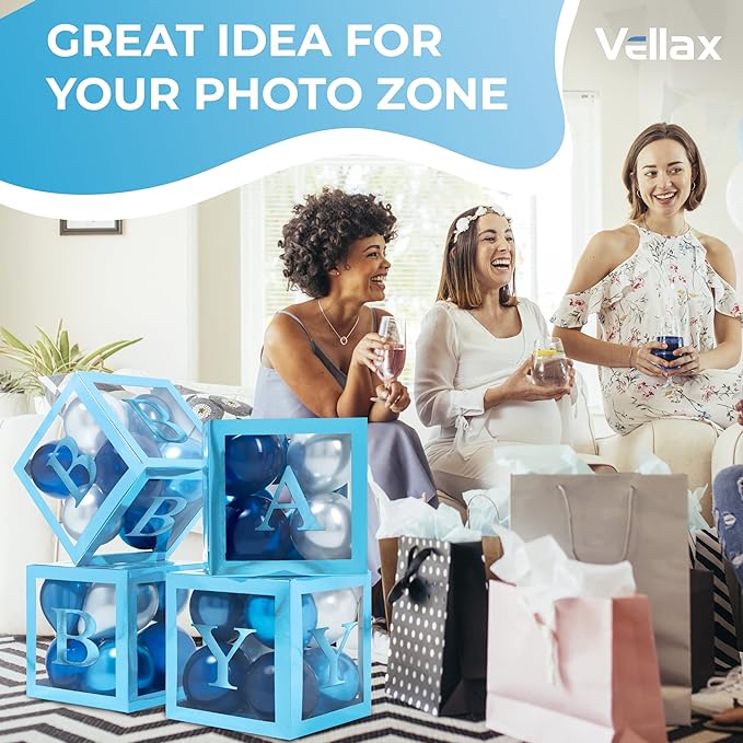 Baby Shower Boxes with Letters – Metallic Blue Boxes with Metallic Blue and Silver Balloons – 44-Piece Gender Reveal & Party Decoration Set by Vellax