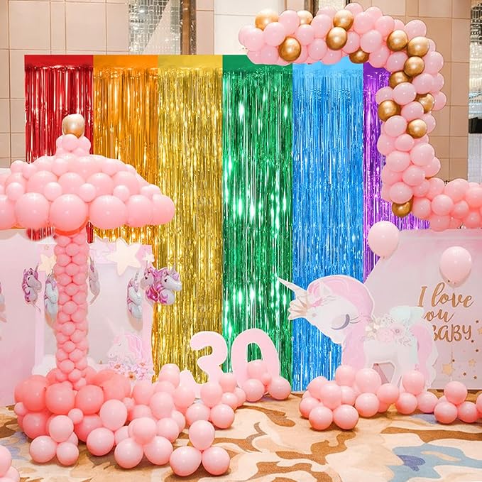 Rainbow Metallic Tinsel Foil Fringe Curtains, 2 Pack 3.3x8.3 Feet Party Streamer for Birthday Party Decorations, Halloween Decor, Foil Curtain for Christmas Party