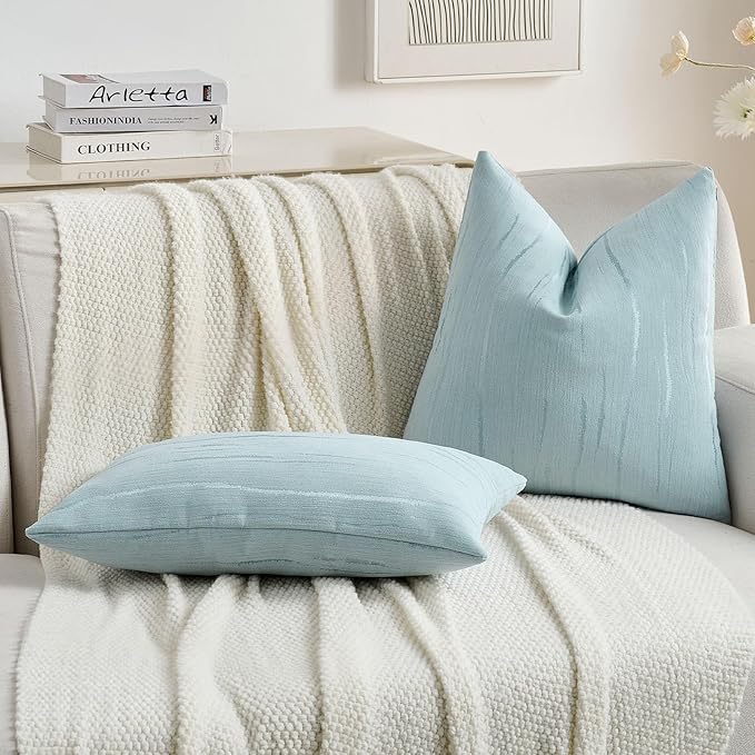 FUTEI Light Blue Chenille Decorative Throw Pillow Covers 24x24 Inch Set of 2,Soft Embossed Striped Textured European Cushion Case,Modern Home Decor for Couch Bed Living Room