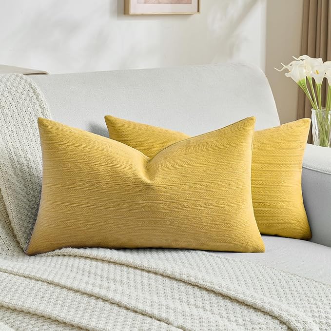 FUTEI Mustard Yellow Decorative Throw Pillow Covers 12x20 Inch Set of 2,Soft Cozy Wheat Ear Striped Patterns Lumbar Pillow Cases,Modern Home Decor for Couch Bed Living Room