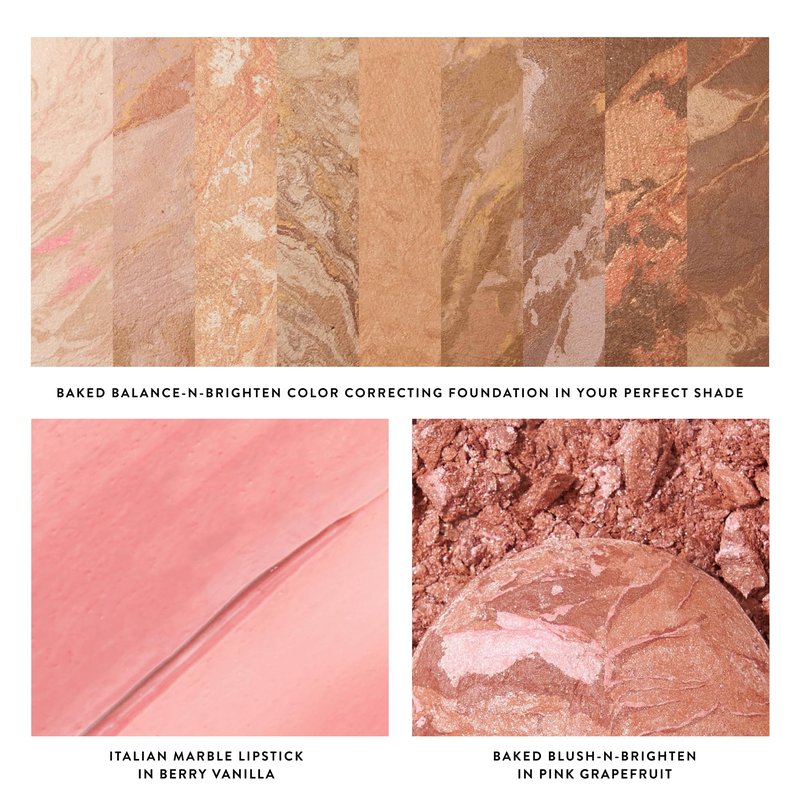 LAURA GELLER NEW YORK Marble Magic Kit: Baked Balance-n-Brighten Powder Foundation, Tan + Baked Blush-n-Brighten, Pink Buttercream + Italian Marble Lipstick, Berry Vanilla