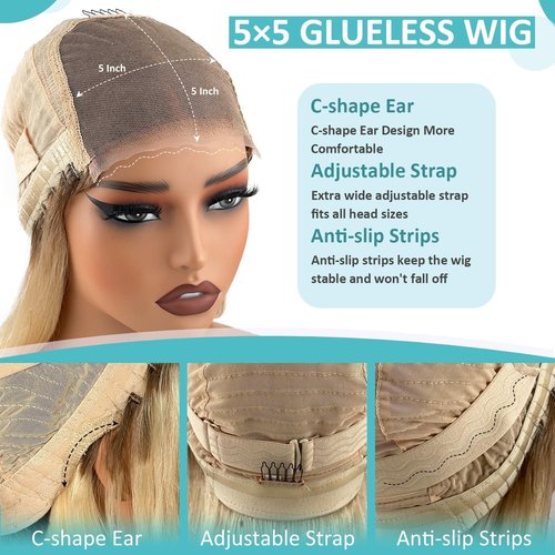 Msviki 5X5 Wear And Go Blonde Wig Human Hair 2.0-613 Upgraded Brown Roots 200% Density Ombre 2 Tone Blonde Wig For Women UHD Pre-Cut Lace Bob Wigs No Mix Fiber Brazilian Virgin Hair 10 Inch