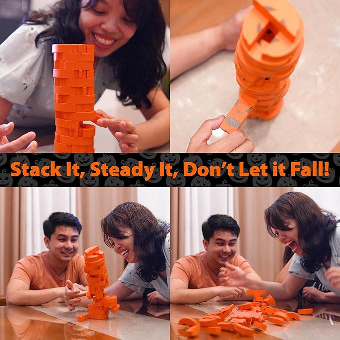 Funwares Stack 'O Lantern Pumpkin Stack-Up Wooden Blocks Stacking Game, Tumbling Tower, Family & Party Fun, Kids and Adults, Holiday Decoration, Ages 6+