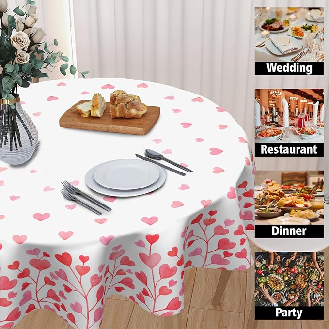 Valentine's Day Round Tablecloth 60 Inch Heart Pattern Circle Table Cloth Pink and White Table Cover Washable Polyester Indoor Decorations for Home Kitchen Dinning Party