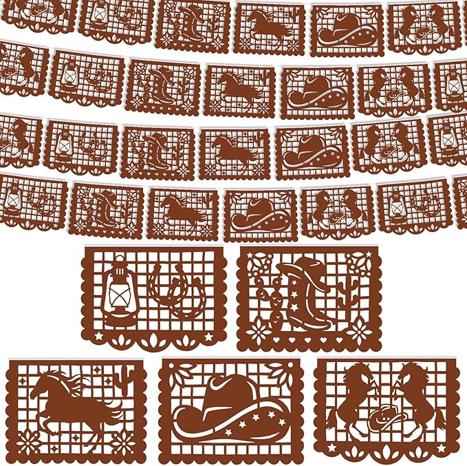 VitalCozy Western Cowboy Papel Picado Banners (6 Packs, 6 x 19.69 ft, Plastic) Fiesta Party Supplies Mexican Wild West Banner Flags Paper Garlands for Western Birthday Party Decorations(Brown)