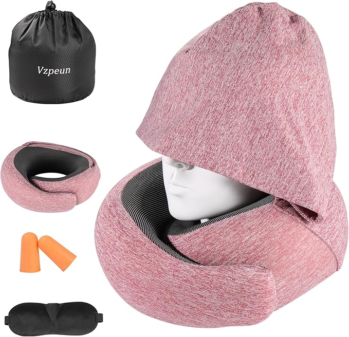 Travel Pillow - Hooded Neck Pillow Airplane Memory Foam Filling for Plane, Office, Cars Sleeping, Road Trip, Long Flights, Portable Plane Accessories, Includes Eye Mask & Earplugs (Red)