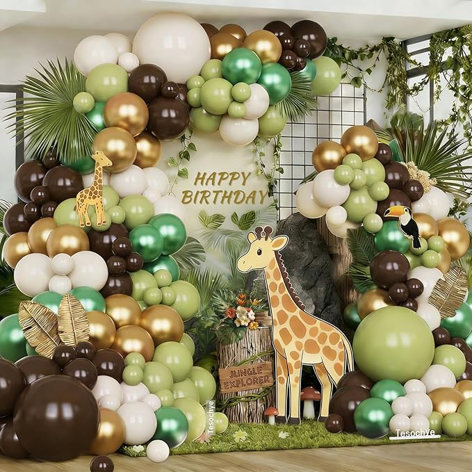Sage Green Brown Safari Balloons Garland Arch Kit, 161 PCS Dusty Olive Green Coffee Sand White Chrome Gold Balloons for Jungle Safari Baby Shower Hunting Birthday Party Decoration
