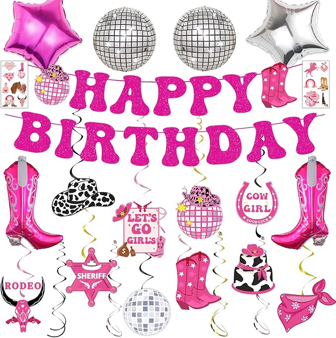 34pcs Disco Cowgirl Birthday Party Decorations, Western Cowgirl Party Decorations Hot Pink Happy Birthday Banner Disco Cowgirl Balloon Last Rodeo Bachelorette Party Decor Supplies for Women Girls
