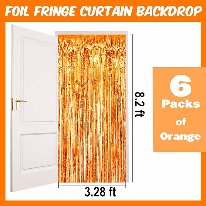 6 Pack Orange Foil Fringe Curtains Backdrop, 3.28 x 8.2 Ft Metallic Streamers Tinsel Curtains Background for Photo Booth, Birthday, Christmas, Halloween, Thanksgiving, New Year Party Decorations