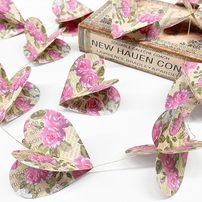 Heart Party Decorations Vintage Pink Rose 3D Love Heart Newspaper Hanging Retro Floral Recycled Book Garland Streamer Banner for Valentines Day Anniversary Birthday Wedding Holiday Party Supplies