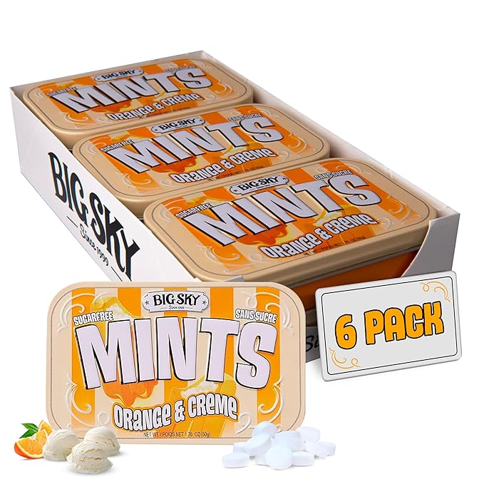Big Sky Sugar Free Mints Orange & Cream | Sugarfree, No Artificial Colors or Flavors | Kosher Certified, Vegan, Gluten Free | Aspartame & Xylitol Free | 50 Count Tin (Pack of 6)