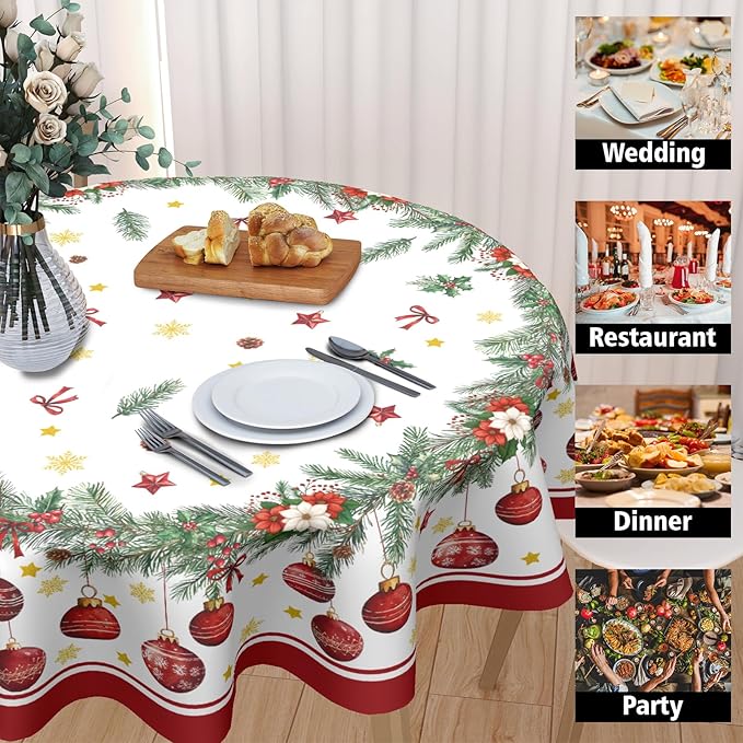 Christmas Round Tablecloth 60 Inch Xmas Bells and Snowflake Pattern Table Cloth Circle Winter Holiday Table Cover Washable Polyester Indoor Decor for Home Kitchen Dinning Party