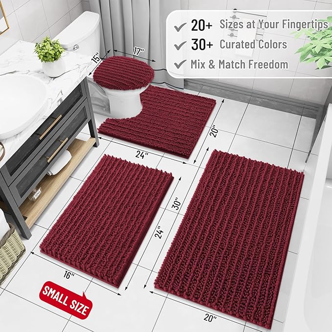 Arotive Luxury Chenille Bathroom Rug Mat, Extra Soft Thick Absorbent Shaggy Bath Rugs, Non-Slip Machine Wash Dry, Plush Bath Mats for Bathroom, Shower and Tub, 36x24, Burgundy