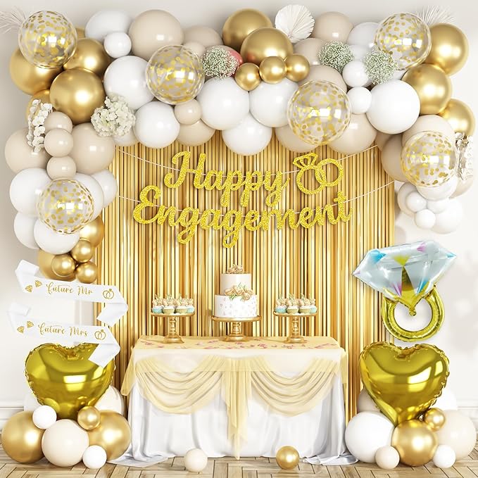 Gold Engagement Party Decorations, Just Engaged Decorations for Wedding Party, Bachelorette & Home Party, with Happy Engagement Banner, Foil Balloons, Sash, Fringe Curtain