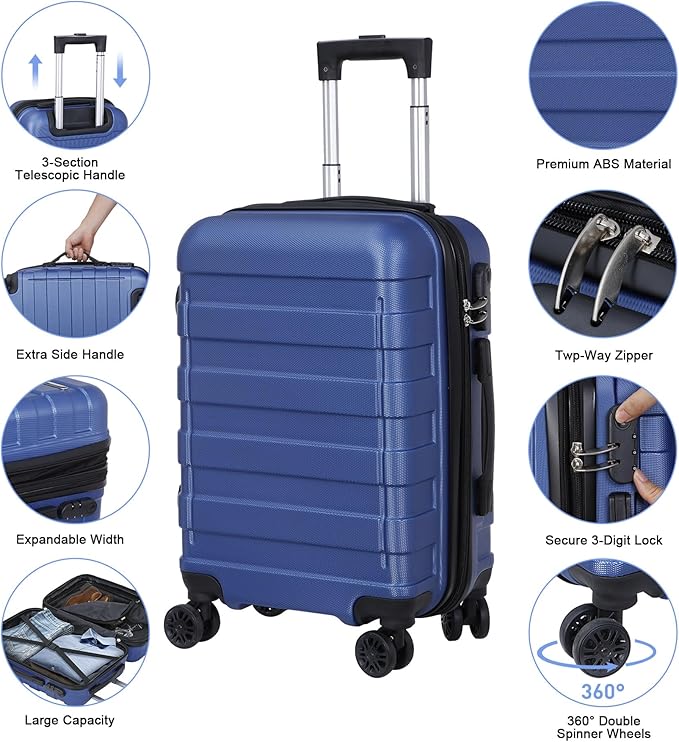 LEMY 21" Durable Hardside Carry On Luggage Scratch and Water Resistant Expandable Suitcase with 4 Double Spinner Wheels,TSA Lock for Family Vacation Travel