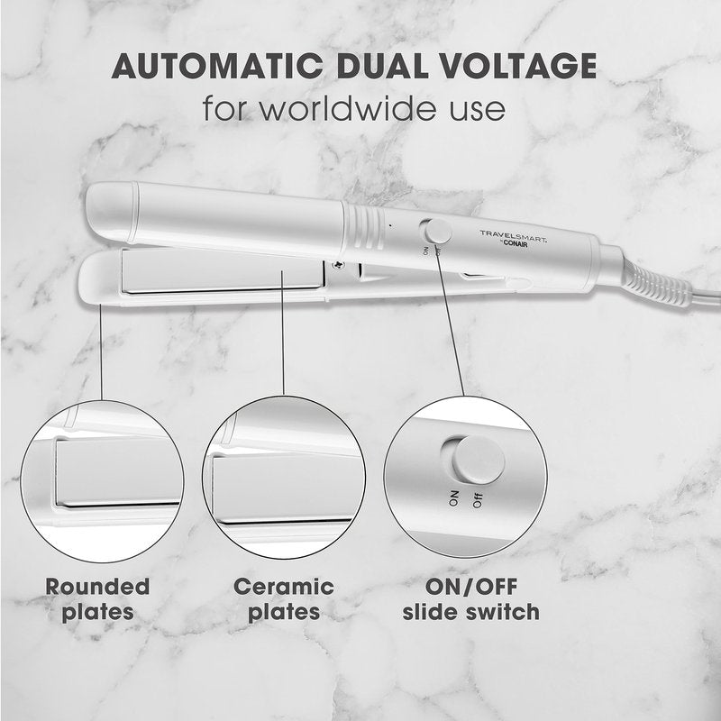 Conair Travel Flat Iron, Portable Hair Straightener, Mini 1/2 Inch Ceramic Flat Iron with Storage in White by Travel Smart