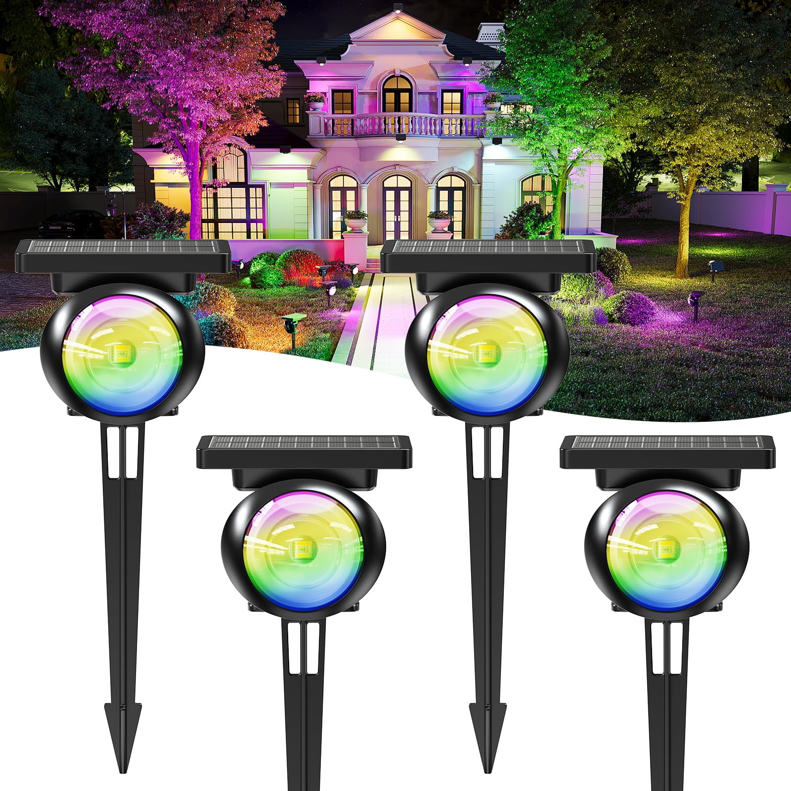 Focusing Solar Spot Lights Outdoor Waterproof, RGB+3CCT Tree Uplights 4Pack