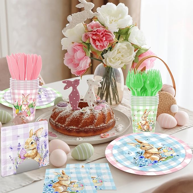 144Pcs Bunny Plates and Napkins - Colorful Gingham Spring Floral Rabbits Themed Dinnerware Set for Happy Easter Party Decorations