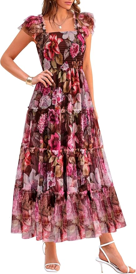 PRETTYGARDEN Women's Summer Tulle Midi Dress Sleeveless Smocked Ruffle Flowy Mesh Dresses Party Wedding Guest Sundress