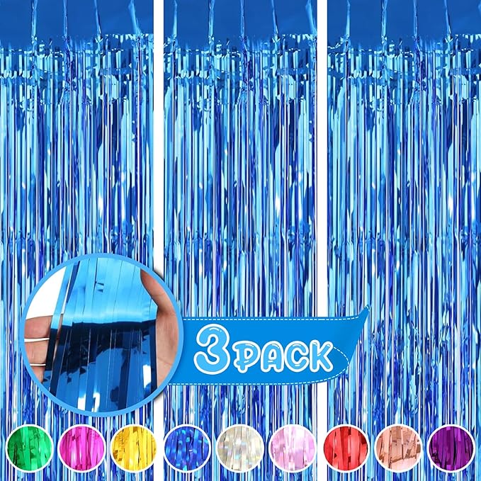3Pack Blue Foil Fringe Curtain Backdrop - 3.3ft x 8.3ft Metallic Tinsel Photo Booth Decor for Bluey Birthday Decorations