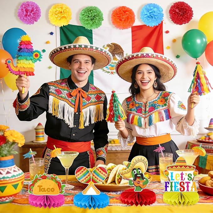 Mexican Fiesta Party Decorations Set - 27 PCS Let's Fiesta Banner, Colorful Paper Pom Poms, Hanging Swirls & Table Centerpieces - Perfect for Cinco de Mayo, Taco Tuesday, Birthday & Graduation