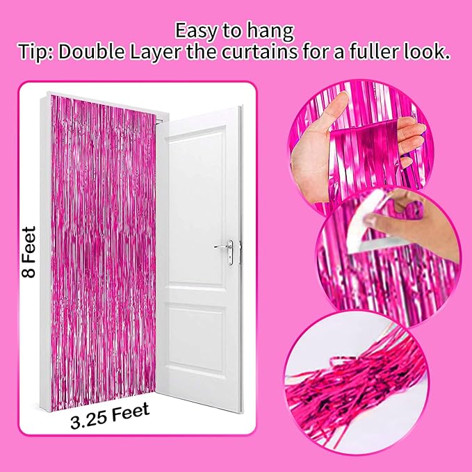 3Pack Pink Foil Fringe Curtain Backdrop - 3.3ft x 8.3ft Metallic Tinsel Photo Booth Decor for Birthday Party Decorations