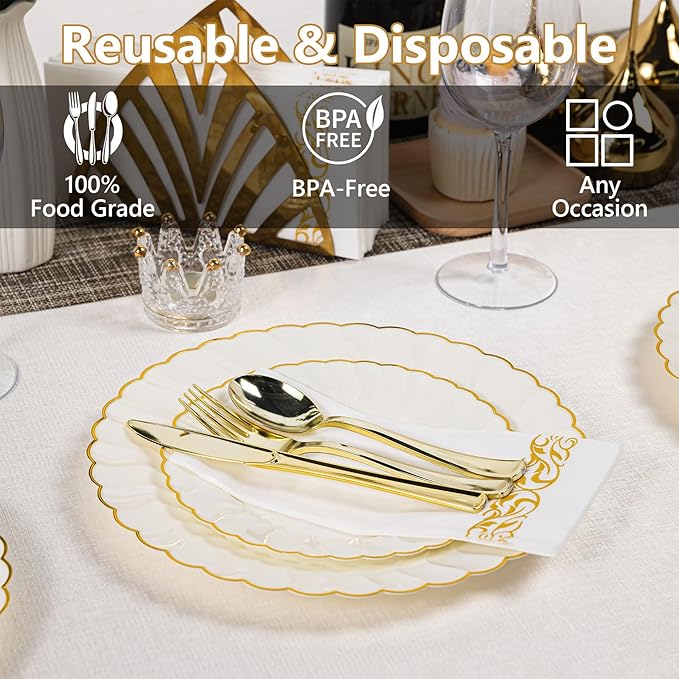 Lullaby 140PCS Elegant Disposable Dinnerware Set – 40 Ivory Scalloped Gold-Trim Plates (20 Dinner, 20 Dessert), 40 Forks, 20 Spoons, 20 Knives & 20 Napkins – Fancy Plastic Plates for 20 Guests