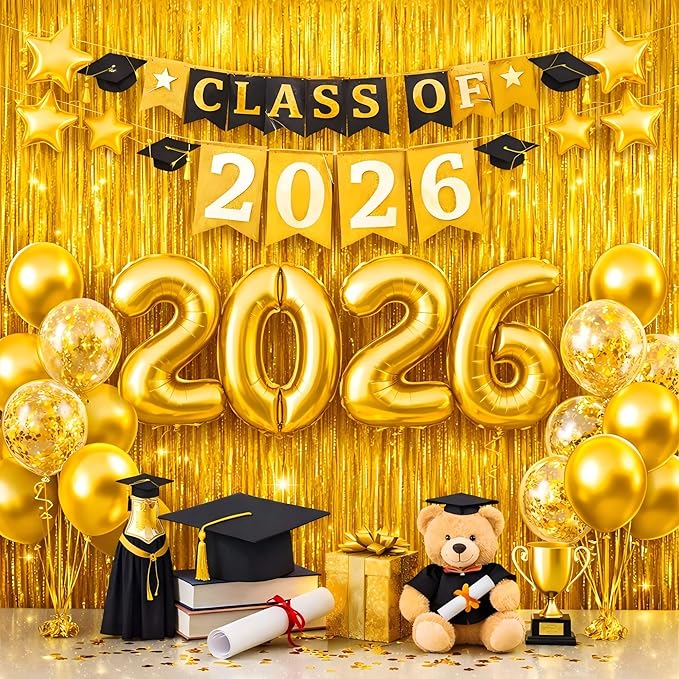 Graduation Decorations 2026 Foil Fringe Curtains - Melsan 3 Pack 3.2 x 8.2 ft Gold Tinsel Curtain Party Photo Backdrop for Birthday Party Happy Retirement Baby Shower or Graduation