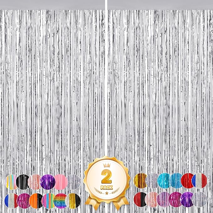 2Pack Foil Curtain Backdrop Silver Metallic Tinsel Foil Fringe Curtains Photo Booth Props for Birthday Wedding Engagement Baby Shower Bachelorette Xmas Holiday Graduation Celebration Party Decoration