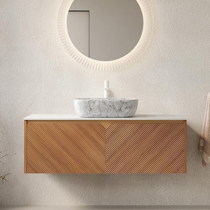 48 Inch Bathroom Vanity with Sink, Floating Fluted Vanity with Vessel Sink, Modern Wall Mounted Bathroom Vanity Cabinet with 2 Doors, Oval Marble Vessel Ceramic Sink & Sintered Stone Top, Oak