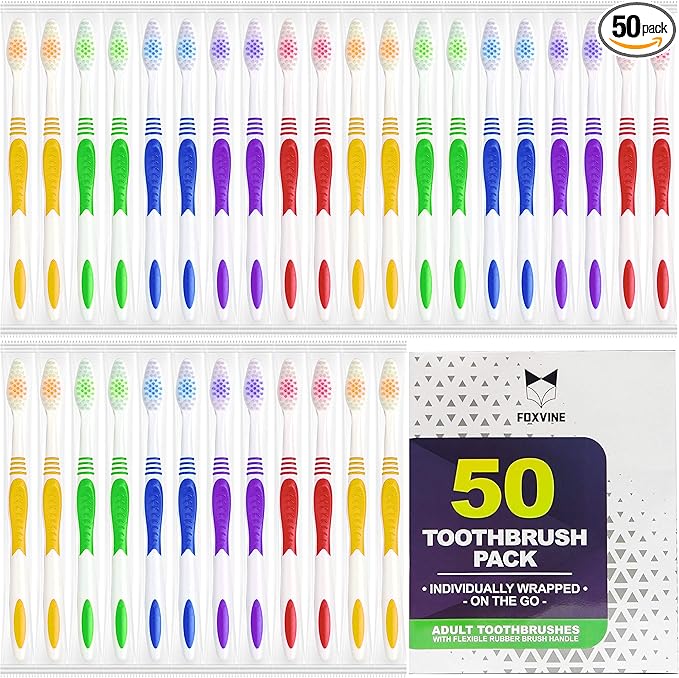 EcoFox Bulk Toothbrushes 50 Pack | Individually Wrapped Travel Toothbrush Set for Adults & Kids | Made with a Medium-Soft Large Brush Head | BPA-Free & Disposable!